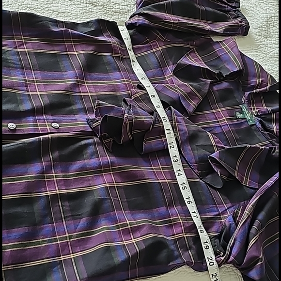 LRL Ruffled Trim Neckline Buttondown Plaid Blouse - Picture 9 of 15